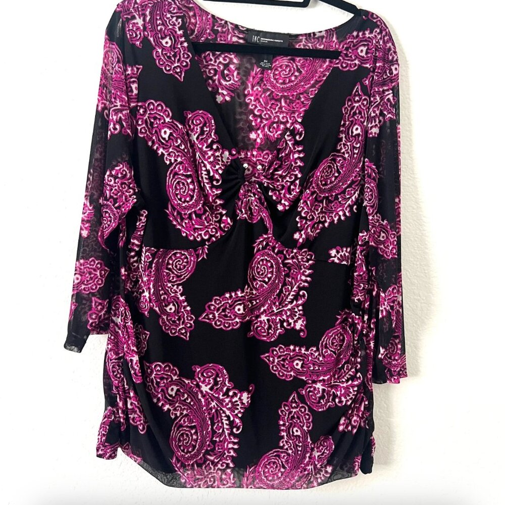 INC Sz 3X Y2K 00s Black Pink Paisley Mesh‎ O Ring Top Blouse Whimsigoth Boho